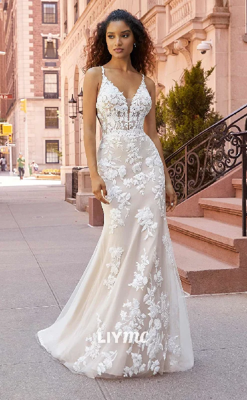 LW329 - Plunging V neck Lace Appliques Mermaid Wedding Dress