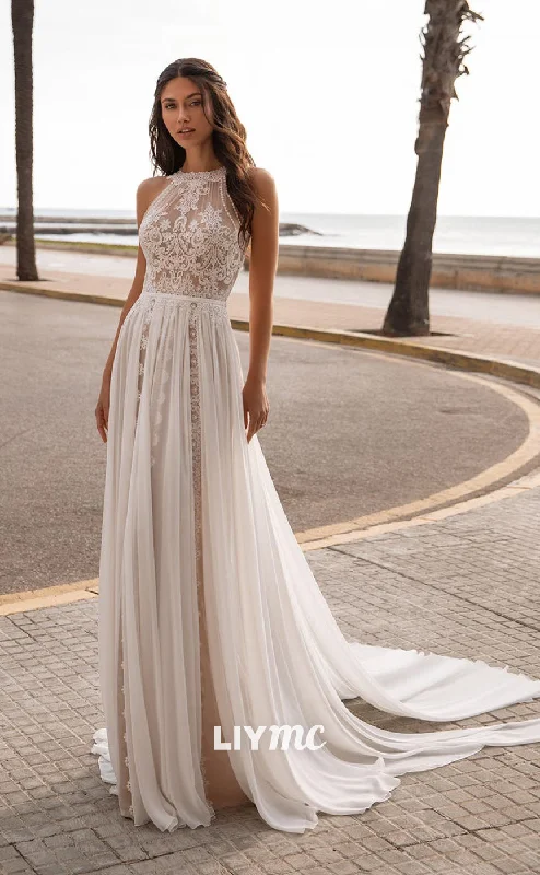 LW331 - Chic Bateau Lace Appliques Sleeveless Boho Wedding Dress