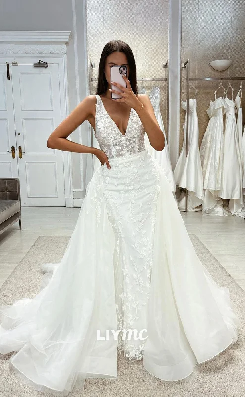 LW336 - Sexy V Neck Allover Lace Mermaid Wedding Dress with Detachable Skirt