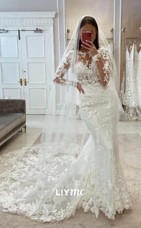 LW348 - Illusion Neckline Long Sleeves Lace Mermaid Wedding Dress