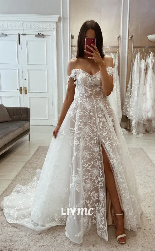 LW352 - A Line Off Shoulder Romantic Lace Wedding Dress with Slit