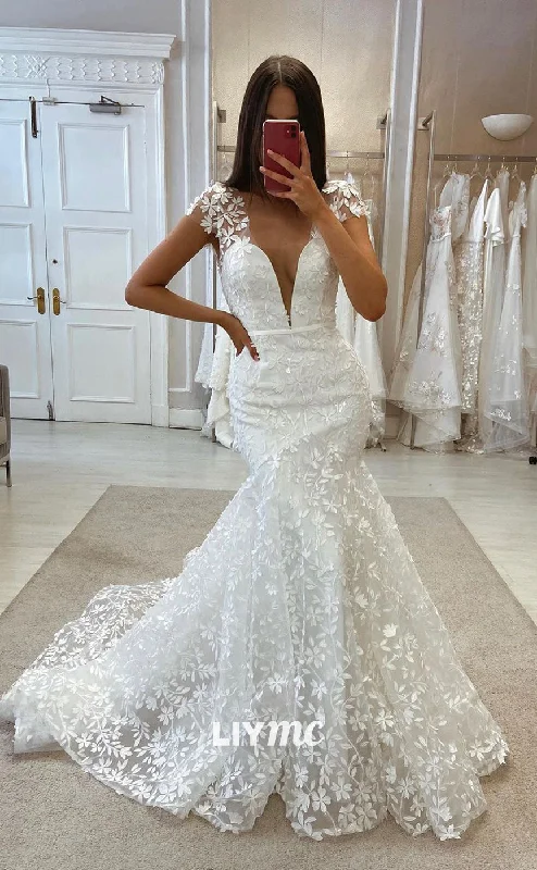 LW355 - Plunging V Neck Romantic Lace Mermaid Wedding Dress