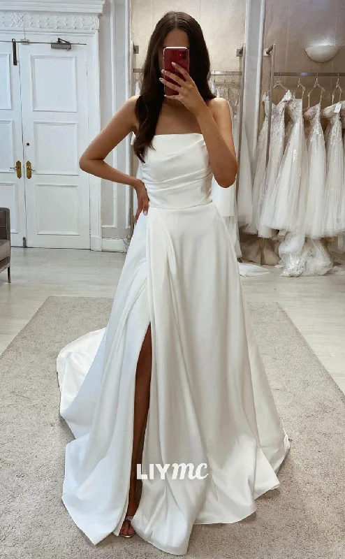 LW361 - A Line Strapless Satin Ruched Elegant Wedding Dress with Slit