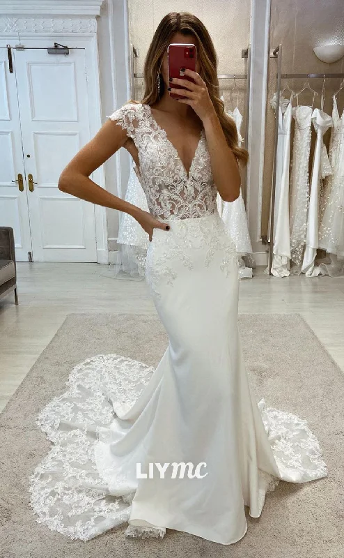 LW362 - Illusion V Neck Lace Top Mermaid Wedding Dress with Court Train