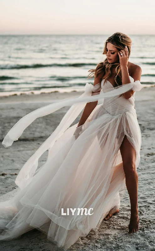 LW369 - A Line Sweetheart Tulle Ruched Beach Wedding Dress with Slit