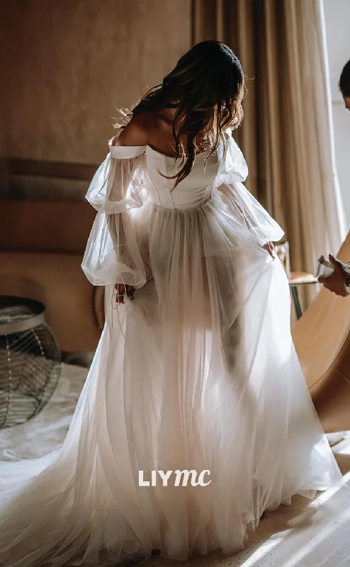 LW371 - A Line Off Shoulder Tulle Long Sleeves Boho Wedding Dress