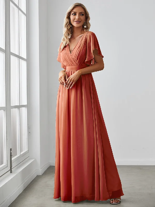 A Line Wholesale Bridesmaid Dresses with Deep V Neck Ruffles Sleeves