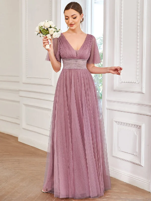 Deep V-Neck Short Ruffles Sleeves A Line Wholesale Bridesmaid Dresses