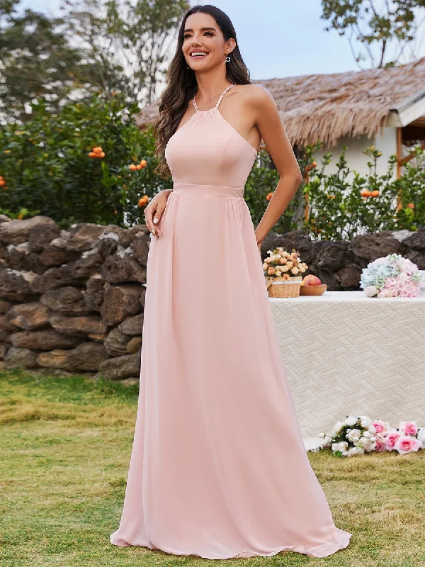 Elegant Belly collar Halter Neck Spaghetti Straps Chiffon Bridesmaid Dresses with  Back Lotus Leaf Stream