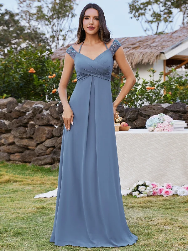 Exquisite Bandage Off Shoulder Spaghetti Strap Evening Chiffon Bridesmaid Dresses with Asymmetrical Embroidery