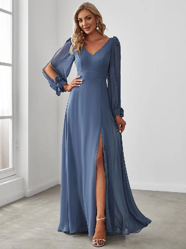 A Line V Neck Wholesale Bridesmaid Dresses With High Split