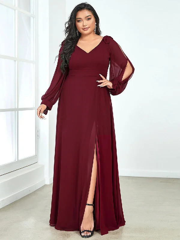 Plus Size Long Lantern Sleeves A Line V Neck Wholesale Bridesmaid Dresses