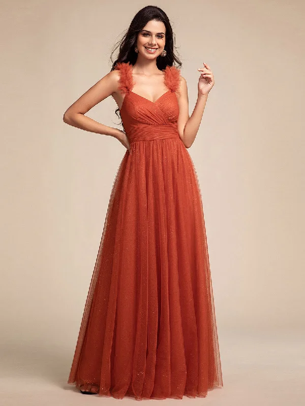 Romantic Deep V Neck Flying sleeve Tulle Bridesmaid Dresses with Gold Stamping Pleated decoration