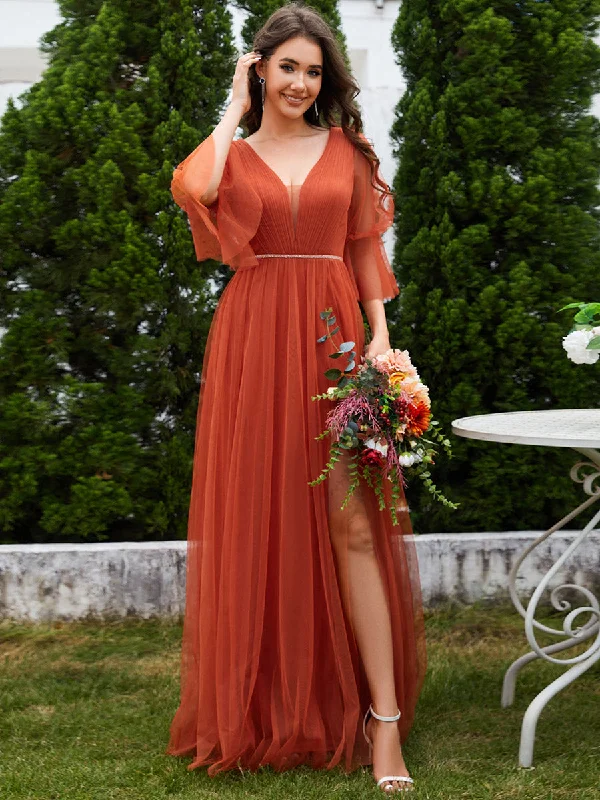 Romantic Long Lantern Sleeves Split Tulle Bridesmaid Dresses with Chain Empire Waist