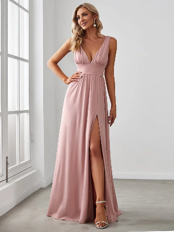 Sleeveless Wholesale Bridesmaid Dresses with Deep V Neck and A Line