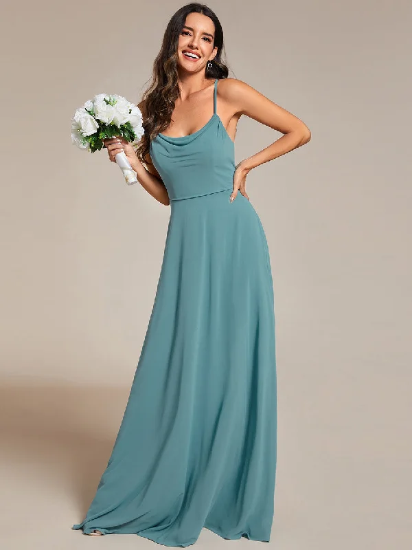 Spaghetti Straps Draped Collar Floor Length Bridesmaid Dress