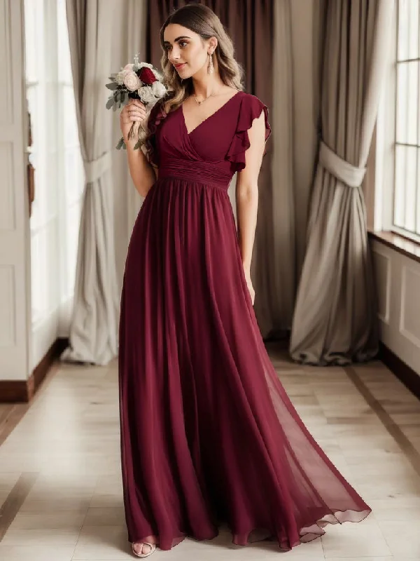 V Neck Pleated Belted Ruffles Wholesale Bridesmaid Dresses