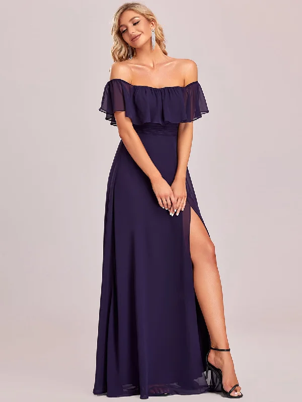 Off Shoulder Ruffle Thigh Split Wholesale Bridesmaid Dresses